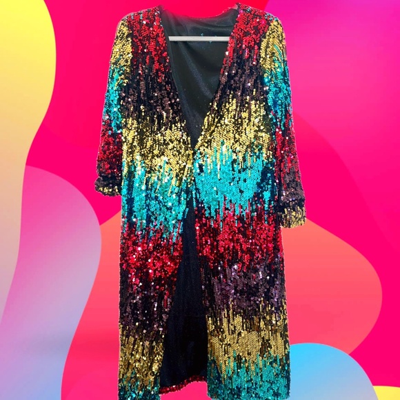 2 Piece Sequin Multi Color Dress and Duster Large NWOT - Picture 3 of 4
